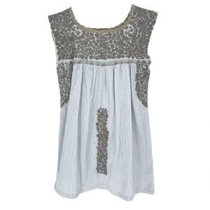 Mi Golondrina Sleeveless Embroidered Blouse in Blue White Stripe and‎ Gray XS